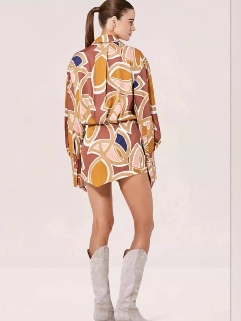 Alexis Long Sleeve Printed Mini Dress in Tan, Pink, Navy & Mustard - Picture 3 of 6